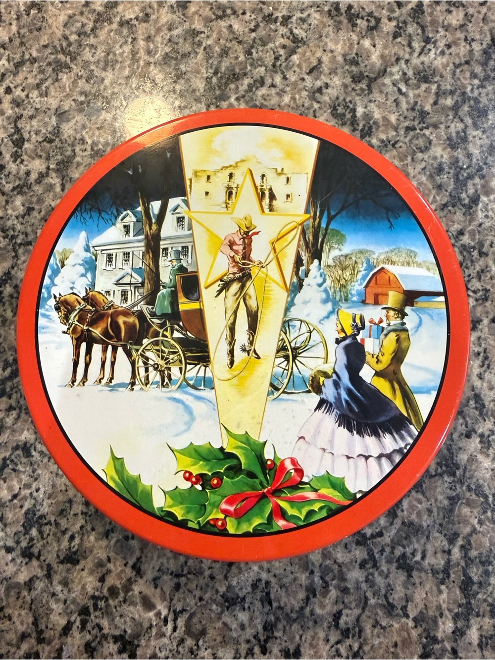 Wilton Red Holiday Tin with Victorian Carriage Winter Scene